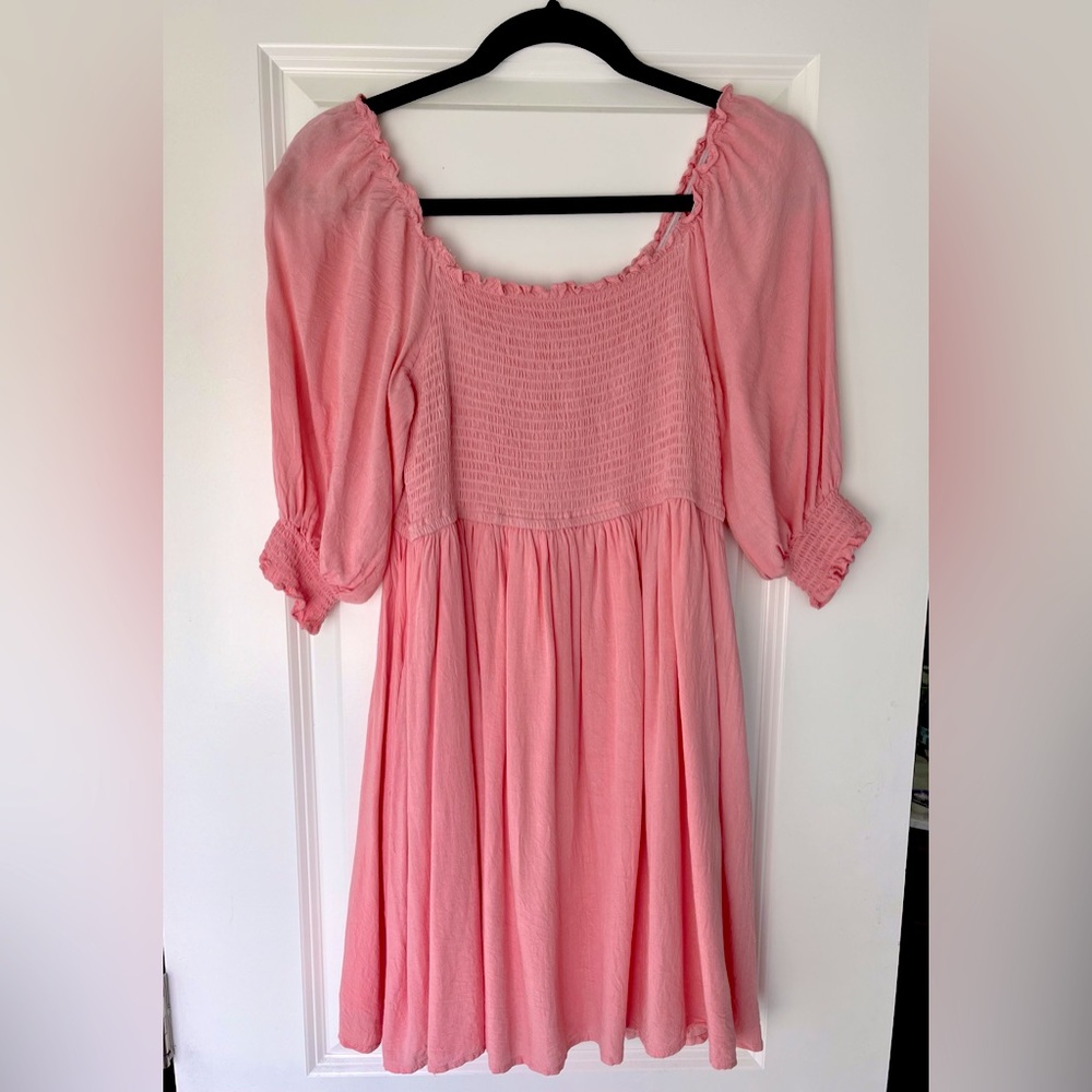 Smocked Mini Dress-Puff Sleeves Square Neck